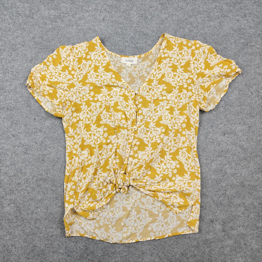 Bohme Blouse Womens Small Yellow Floral V Neck Button Front Short Sleeve Top